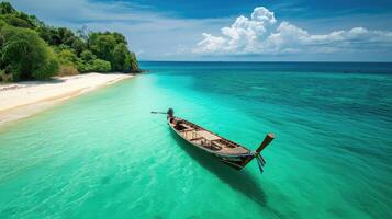 ai genererad en skön sommar landskap ställer ut en tropisk ö med en båt i de hav, ai genererad. foto