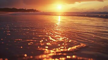 ai genererad gyllene nyanser av solnedgång omfamning en lugn strand, var vatten möter sand, ai genererad foto