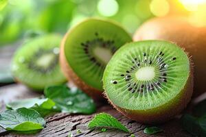 ai genererad kiwi frukt, vibrerande med ljus grön kött och mycket liten svart frön, ai genererad foto
