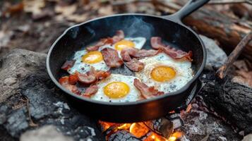 ai genererad bacon och ägg fräsande i en kasta järn stekpanna, ai genererad. foto