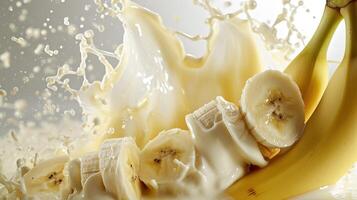 ai genererad mjölk stänk med färsk bananer mot en vit bakgrund, en hälsosam visa, ai genererad. foto