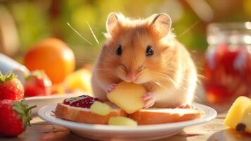 ai genererad förtjusande hamster nibbles på mat från en tallrik, dess mycket liten tassar tillsats charm, ai genererad. foto