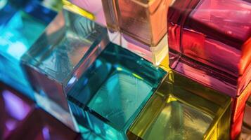ai genererad levande närbild av en flerfärgad abstrakt glas kub, en brista av färger, ai genererad. foto