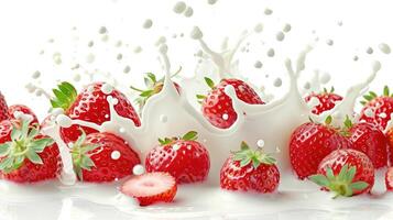 ai genererad stänk av mjölk med färsk röd körsbär mot en vit bakgrund, ai genererad. foto