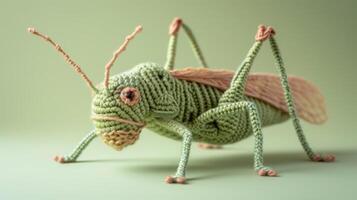 ai genererad virkade gräshoppa leksak vibrerande bakgrund, handgjord och förtjusande, ai genererad foto