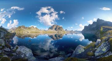 ai genererad fördjupa själv i en hisnande 360 panorama av bergen och en lugn sjö. ai genererad. foto