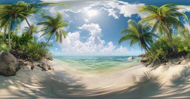 ai genererad unna sig i de skönhet av en 360 grader tropisk strand se, en lugn oas av Sol, hav, och sand. ai genererad. foto