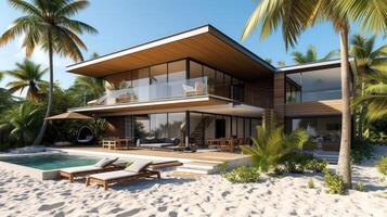 ai genererad en 3d tolkning av en modern stranden hus, en kust dröm komma till liv. ai genererad foto
