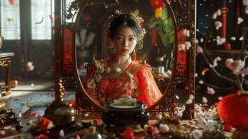 ai genererad kinesisk kvinna i traditionell klädsel speglar kultur och skönhet i spegel, ai genererad foto