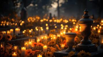 ai genererad de kyrkogård är Utsmyckad med talrik belyst ljus och vibrerande gul ringblomma blommor, ai genererad. foto