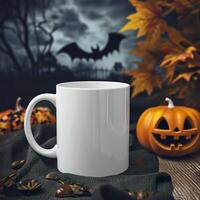 ai genererad läskigt kaffe kopp mockup, enkel vit råna i halloween scen foto