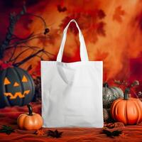 ai genererad halloween mockup, enkel vit toto väska med läskigt element foto