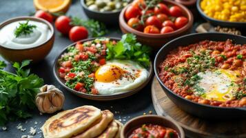 ai genererad modern frukost sprider sig erbjudande olika alternativ tycka om shakshuka, japansk pannkakor foto