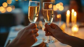 ai genererad toasting med champagne flöjter, par fira deras kärlek mitt i de sofistikerad atmosfär foto