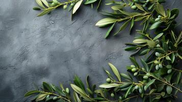 ai genererad vild oliv grenar på en grå bakgrund stor copy område foto