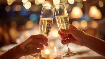 ai genererad toasting med champagne flöjter, par fira deras kärlek mitt i de sofistikerad atmosfär foto