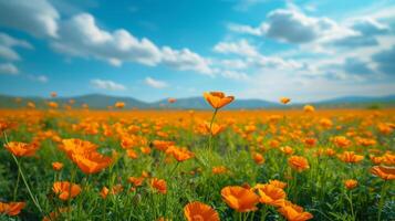 ai genererad skön naturlig bakgrund med orange blomma fält och blå himmel stor copy område med kopia Plats för text, foto