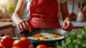 ai genererad en flicka i en röd förkläde förbereder friterad ägg i de kök i de sommar morgon- foto