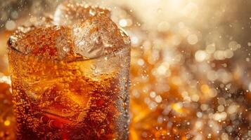 ai genererad is kuber klirra i en brusande dryck, skapande krusningar av glädje i en glas foto