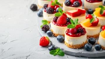 ai genererad en charmig visa av mini cheesecakes toppade med blandad frukt kompotter och mynta löv foto