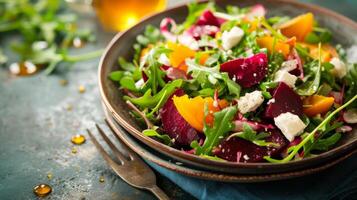 ai genererad en färgrik rostad beta sallad med get ost, ruccola, och en dugga av honung foto