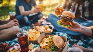 ai genererad en grupp av vänner njuter en picknick med hamburgare, potatis pommes frites, och kall drycker foto