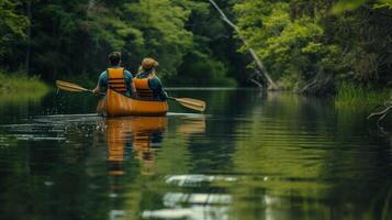 ai genererad en par i en kanot, paddling försiktigt längs en lugn flod, deras reflektioner speglad på de vattnen yta foto