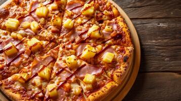 ai genererad en hawaiian pizza med ananas, skinka, och en dugga av ljuv utegrill sås foto
