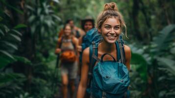 ai genererad en grupp av vänner vandring genom en tät, smaragd- skog, ryggsäckar på och ler bred foto