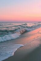 ai genererad mild vågor kyss de Strand under en pastellfärgad himmel, frammanande lugn foto