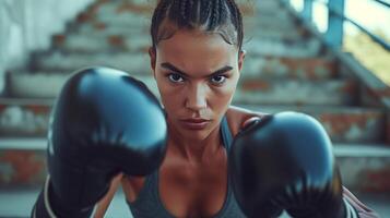 ai genererad fokuserade kvinna boxare i atletisk ha på sig och handskar Träning på Gym trappa foto