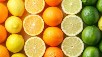 ai genererad en färgrik medley av citroner, limefrukter, och apelsiner anordnad i en harmonisk visa foto