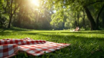 ai genererad en glad, rutig picknick filt under de Sol skapar ett inbjudande sommar scen foto