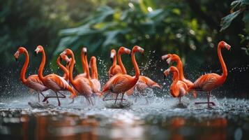 ai genererad en flock av flamingos skapar en fascinerande dansa, deras lång halsar graciöst böjd foto