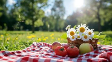 ai genererad en glad, rutig picknick filt under de Sol skapar ett inbjudande sommar scen foto