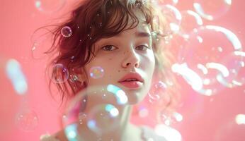 ai genererad kvinna blåser bubblor på rosa bakgrund foto