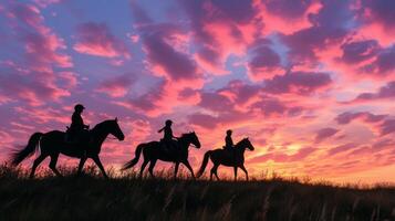 ai genererad hästar silhouetted mot en färgrik, skymning himmel gå ombord på ett kväll rida foto