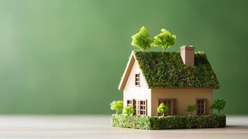 ai genererad miljövänlig hus begrepp med grön tak foto