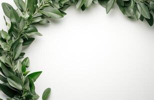 ai genererad en krans av grön löv är placerad upp på en vit yta foto