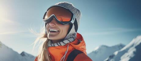 ai genererad flicka i vinter- åka snowboard kläder rider på de backe med en leende foto