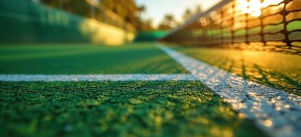 ai genererad stänga upp av grön tennis domstol med vit rader och nät på soluppgång foto