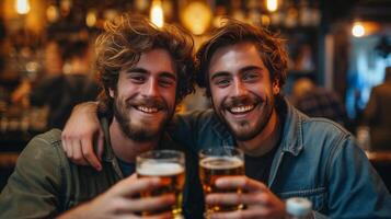 ai genererad två ung, skön män ha öl i irland foto