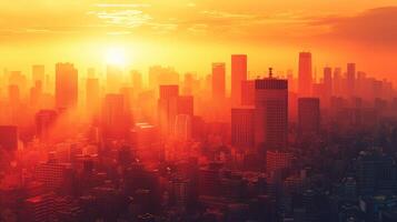ai genererad ett abstrakt urban horisont på solnedgång, var silhuetter av byggnader blandning med värma nyanser foto