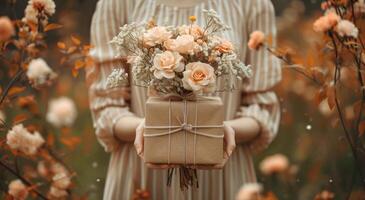 ai genererad kvinna innehav gåva med blommor i den foto