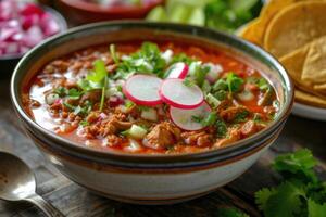 ai genererad mexikansk röd pozole rojo soppa med fläsk och grönsaker foto