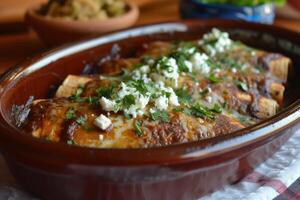 ai genererad mexikansk kyckling enmoladas de encacahuatado, eller mol poblano enchiladas, mol neger, pipian foto