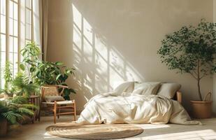 ai genererad ett tömma sovrum med neutral möbel och färsk växter foto