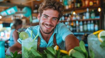 ai genererad ung stilig bartender framställning mojito på sommar strand bar foto