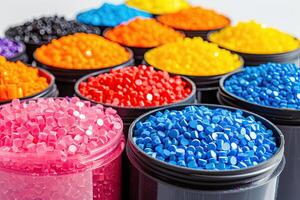 ai genererad färgade syntetisk polymer hartser granulat. återvunnet plast granulat med blandad färger foto