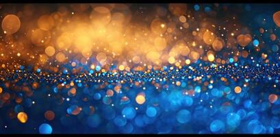 ai genererad gyllene och blå ljus reflekterad och glittrande konfetti blå lampor blå bakgrund bakgrund foto